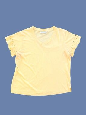 Lulu-B Yellow Scalloped Eyelet Short Sleeve Cotton Top ~ Women’s Large